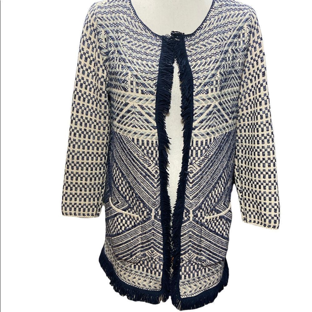 Lucky Brand Open Front Blue Cardigan Sweater Fringe Trim Geometric Size Medium - Picture 1 of 8